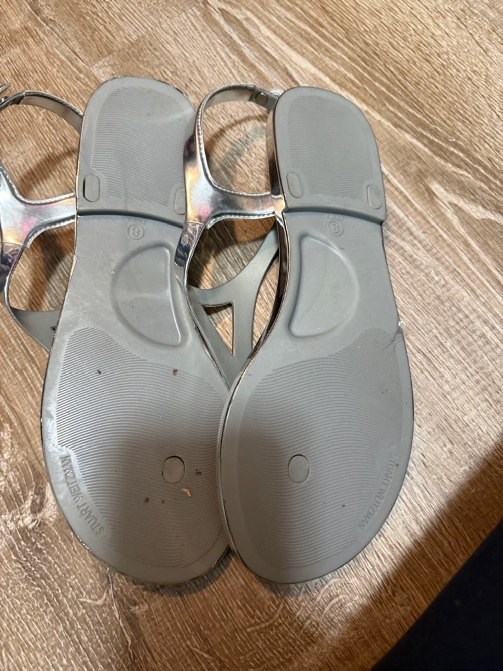 Stuart Weitzman Silver Metallic Geometric T-Strap Sandals - Picture 3 of 3